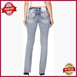 Mid-Rise Straight Leg Jeans with Embroidered Owl Design, Stretch Denim